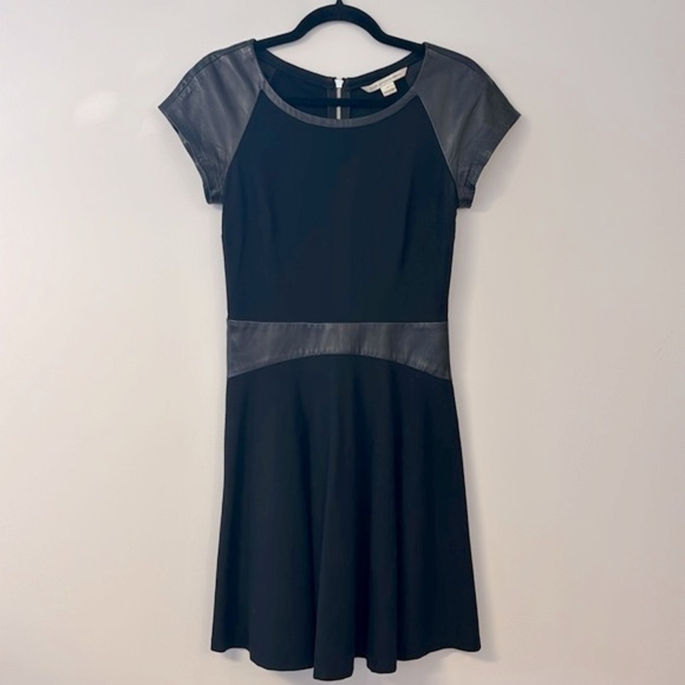 Diane Von Furstenberg Black Mini Dress with Leather Trim